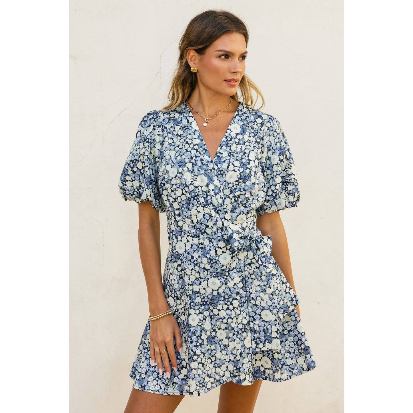 Field Daisies Puff Sleeve Mini Wrap Dress