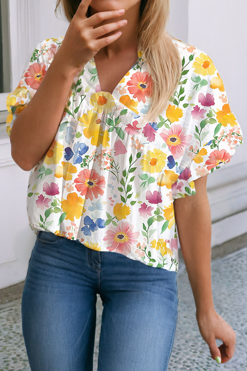 Floral Boxy Fit Ruffled Short Sleeve V Neck Blouse