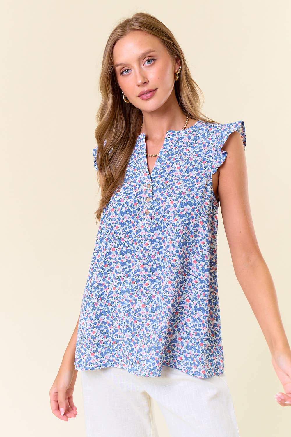Blue Floral Ruffle Shoulder Top