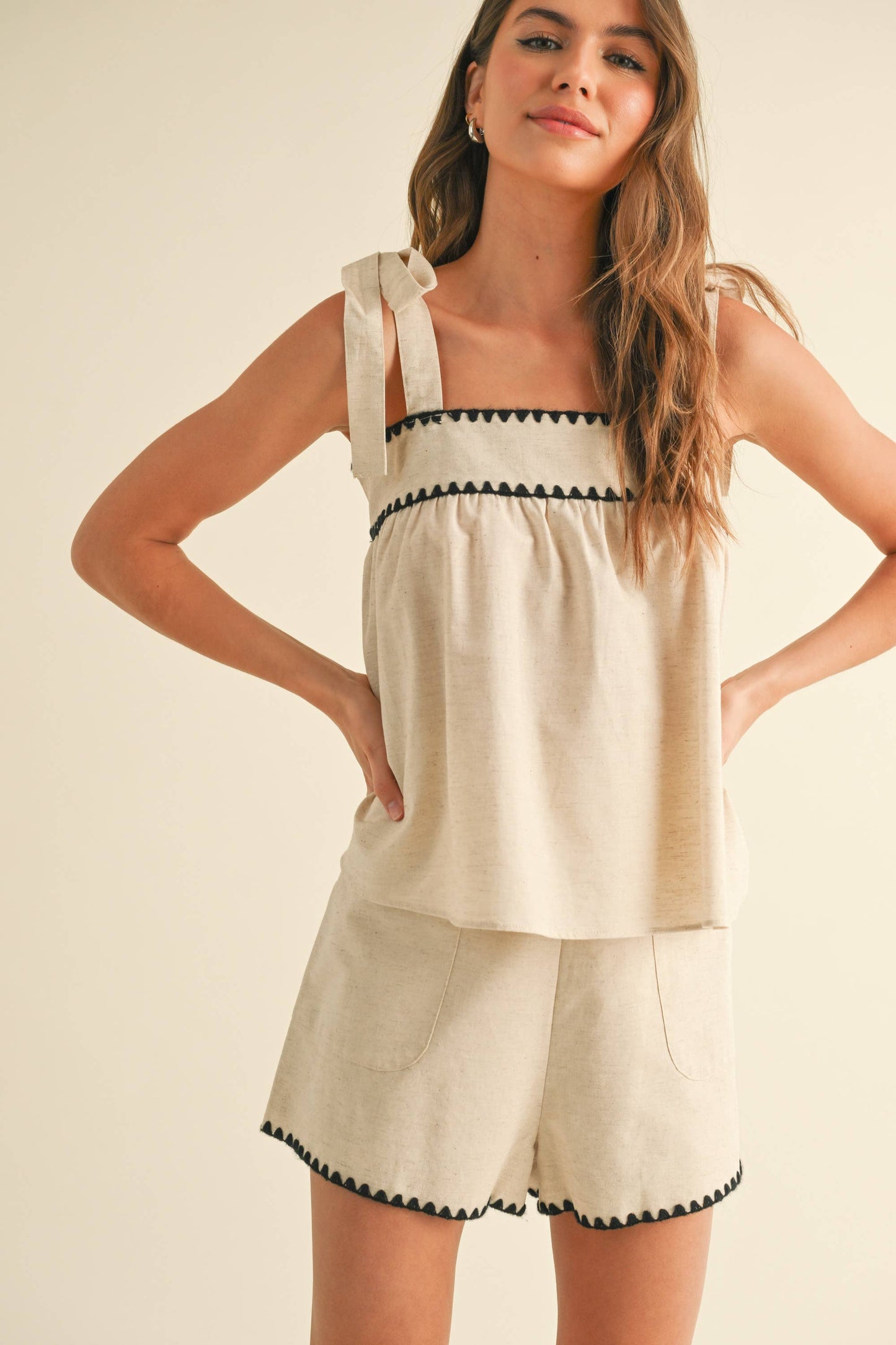 Linen Tape Detailed Tie Sleeve Top