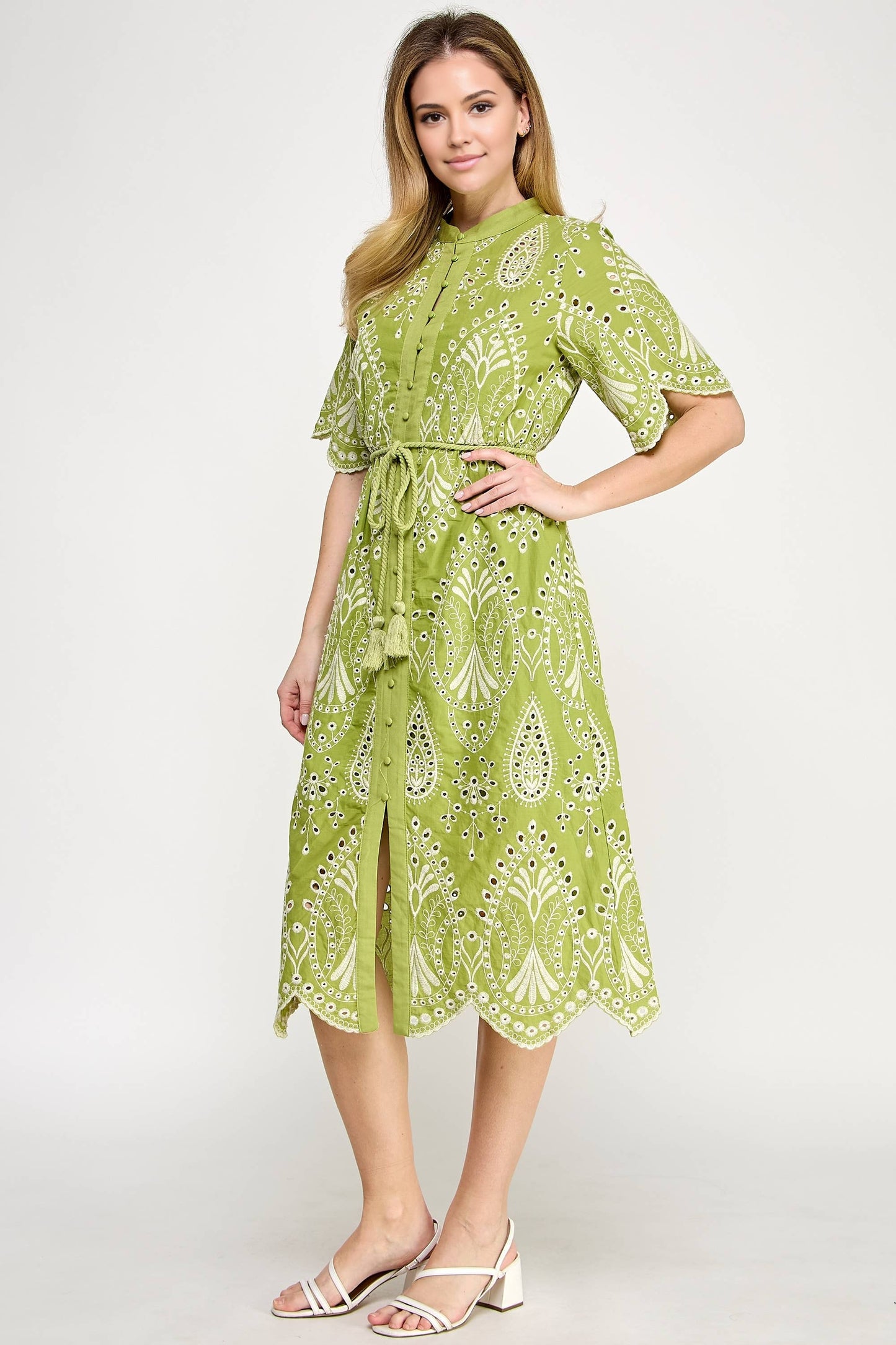 Button Down Eyelet Midi Dress Green