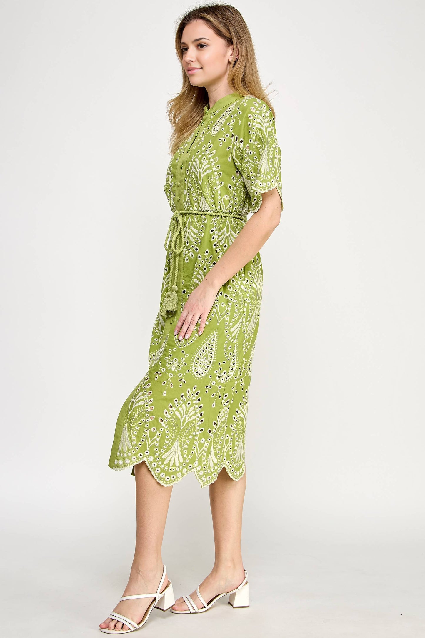 Button Down Eyelet Midi Dress Green