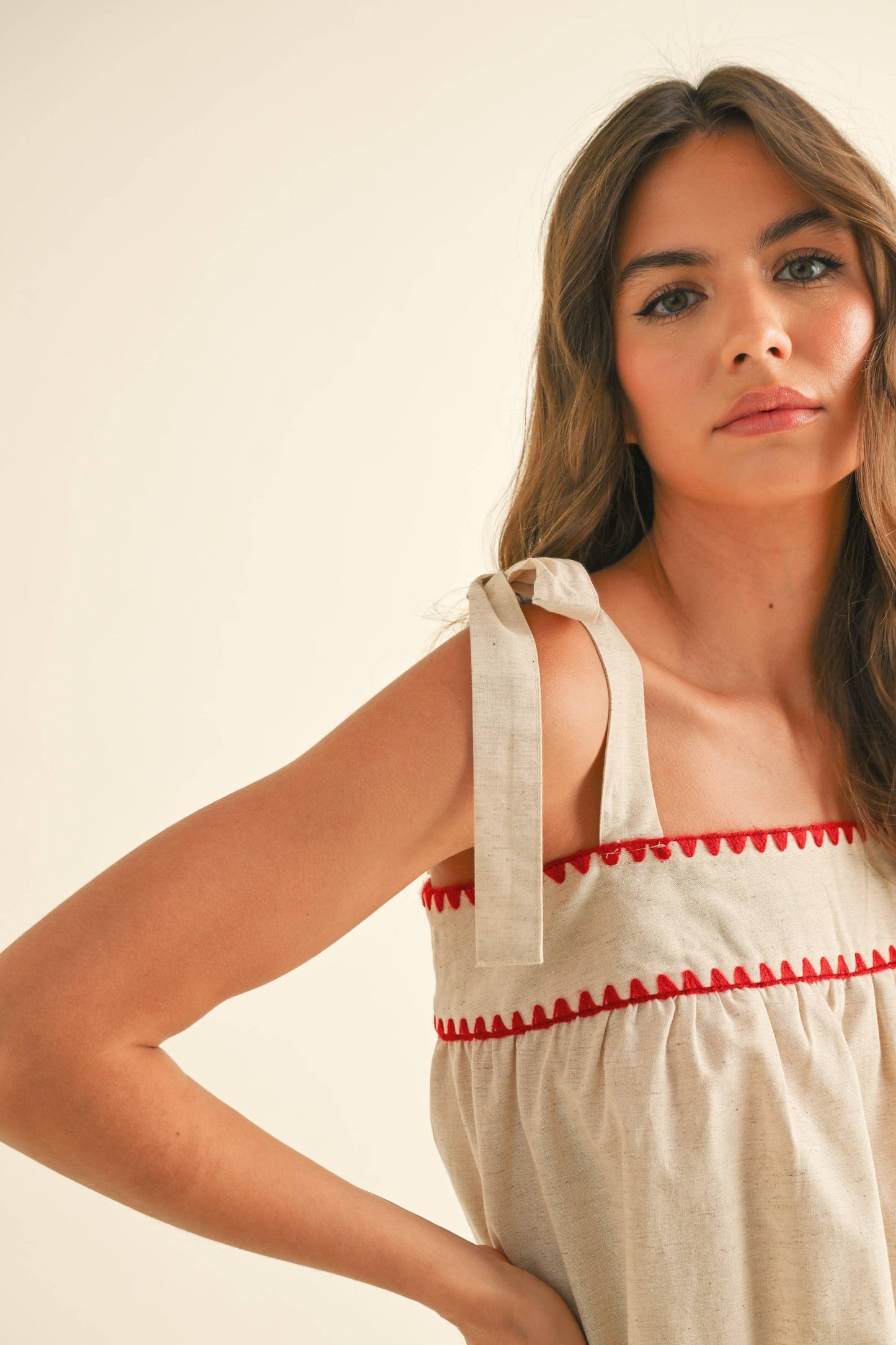 Linen Tape Detailed Tie Sleeve Top