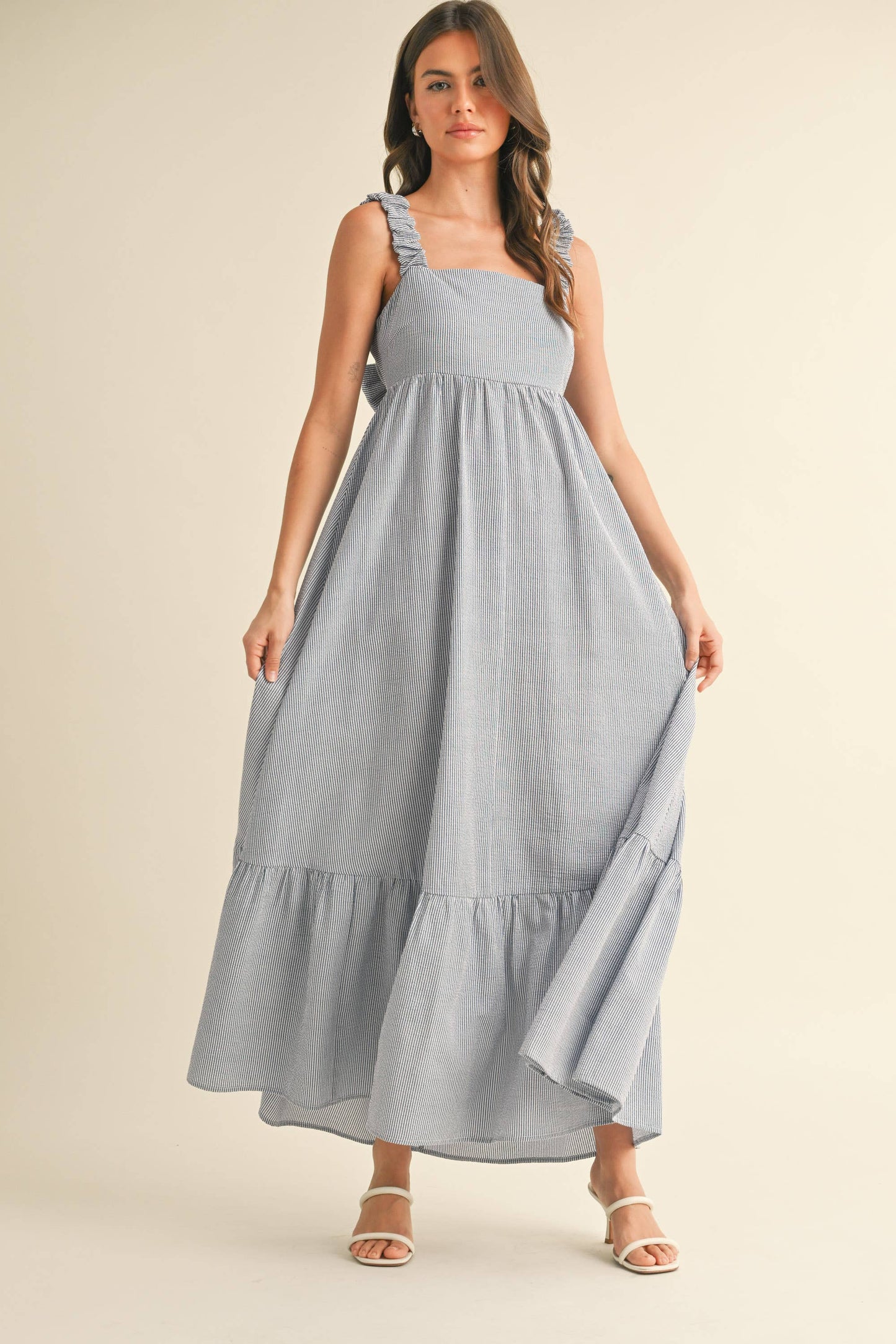 Scrunch Strap Back Tie Rufle Maxi Dress
