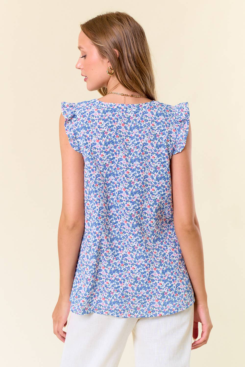 Blue Floral Ruffle Shoulder Top