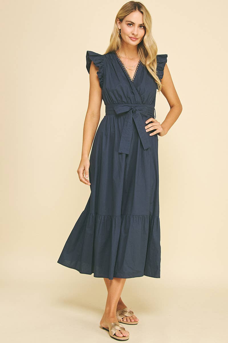 Eyelet Detail Belted Midi Dress