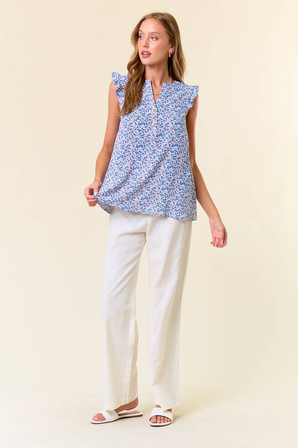 Blue Floral Ruffle Shoulder Top