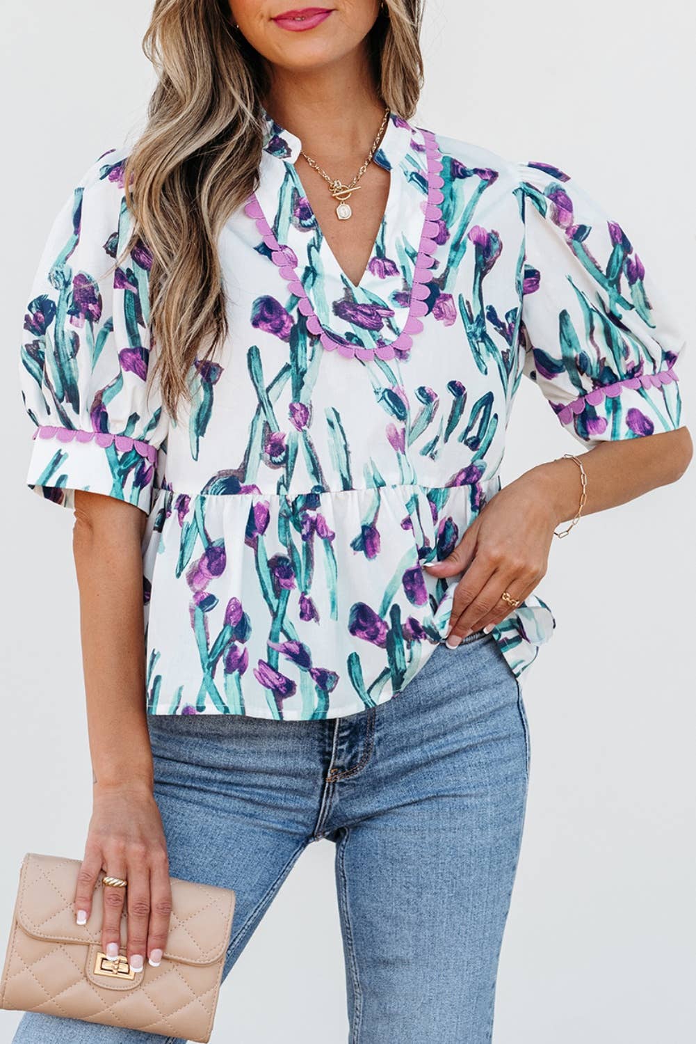 Floral Ricrac Trim Half Sleeve Peplum Top