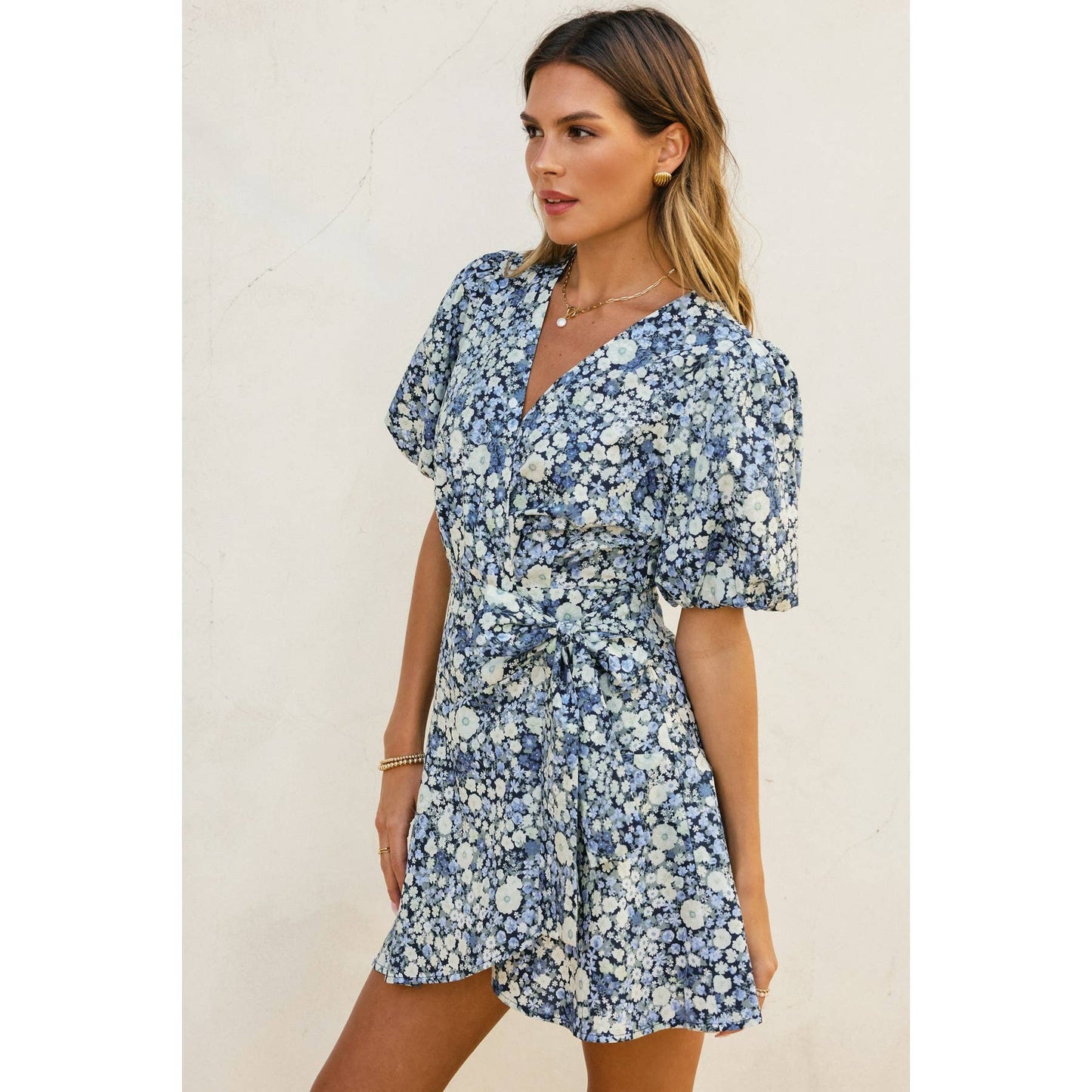 Field Daisies Puff Sleeve Mini Wrap Dress