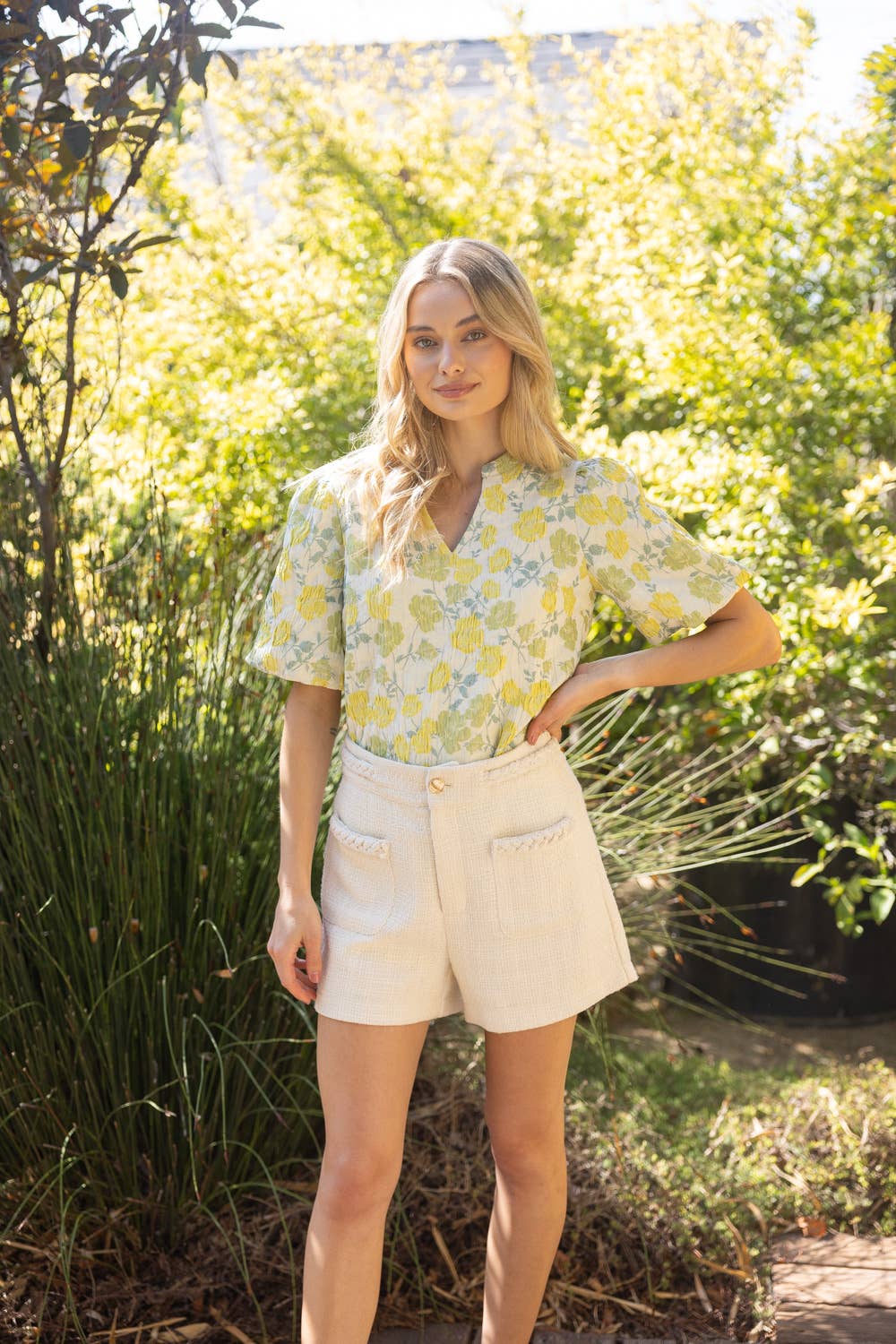 Floral Jaquard Puff Sleeve Top
