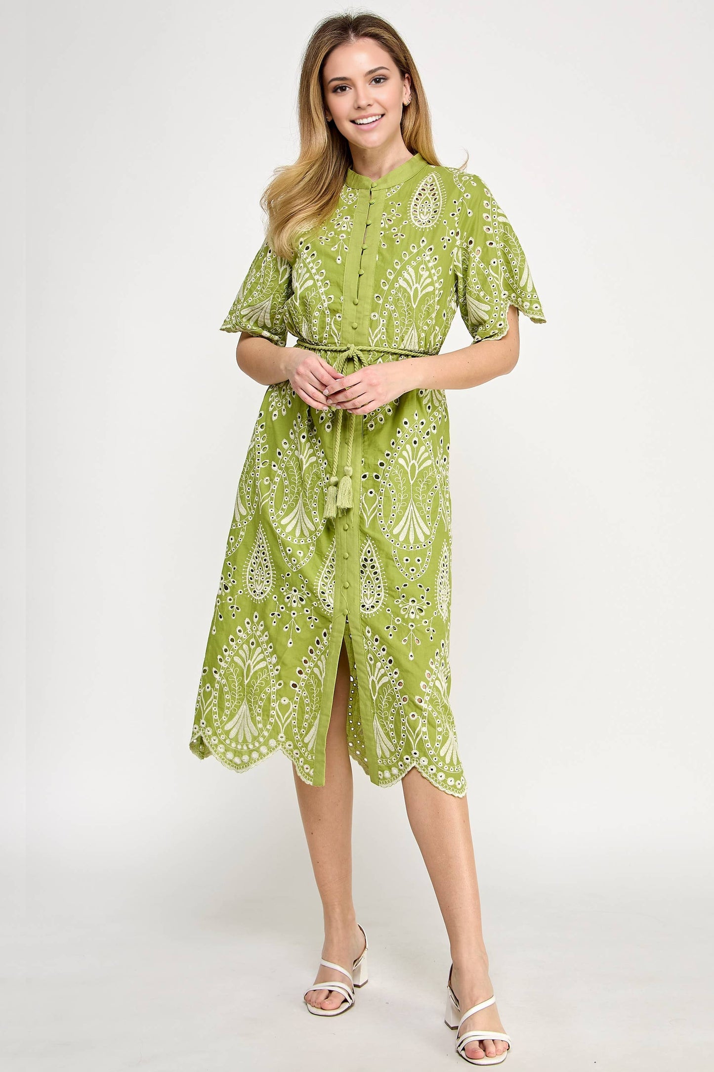 Button Down Eyelet Midi Dress Green