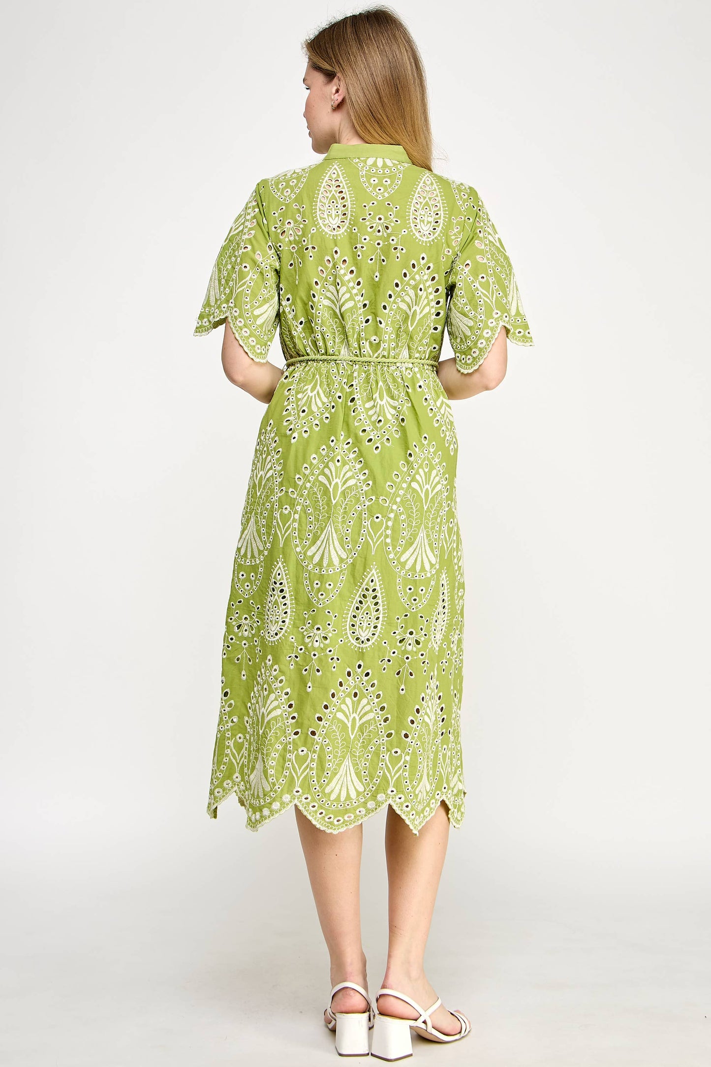 Button Down Eyelet Midi Dress Green