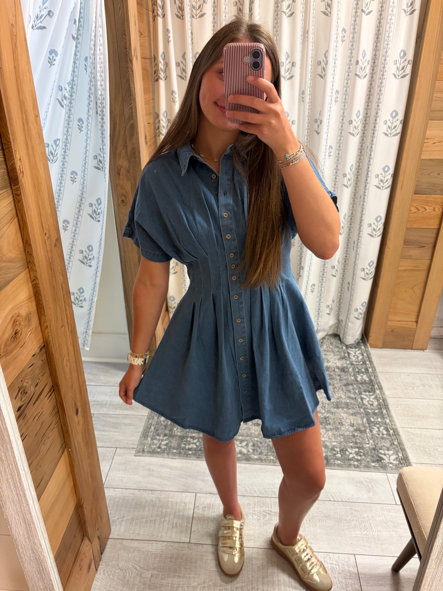 Pleated Denim Button Down Dress