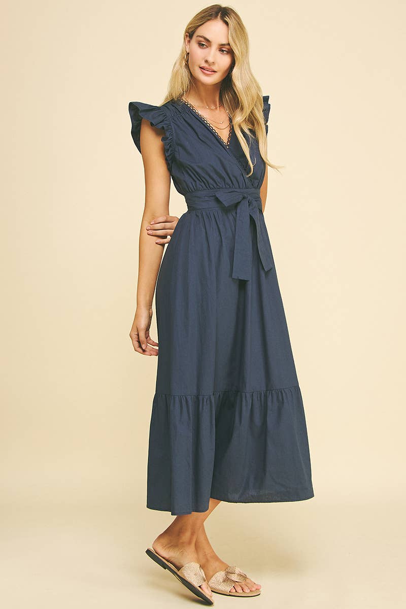Eyelet Detail Belted Midi Dress