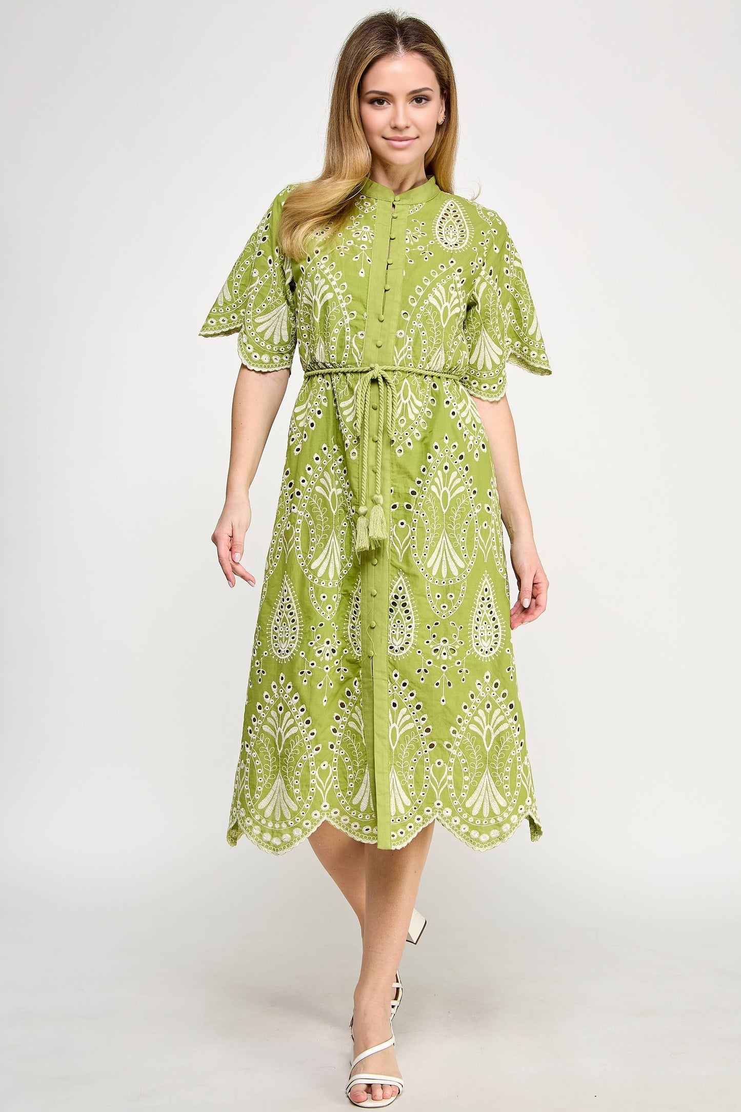 Button Down Eyelet Midi Dress Green