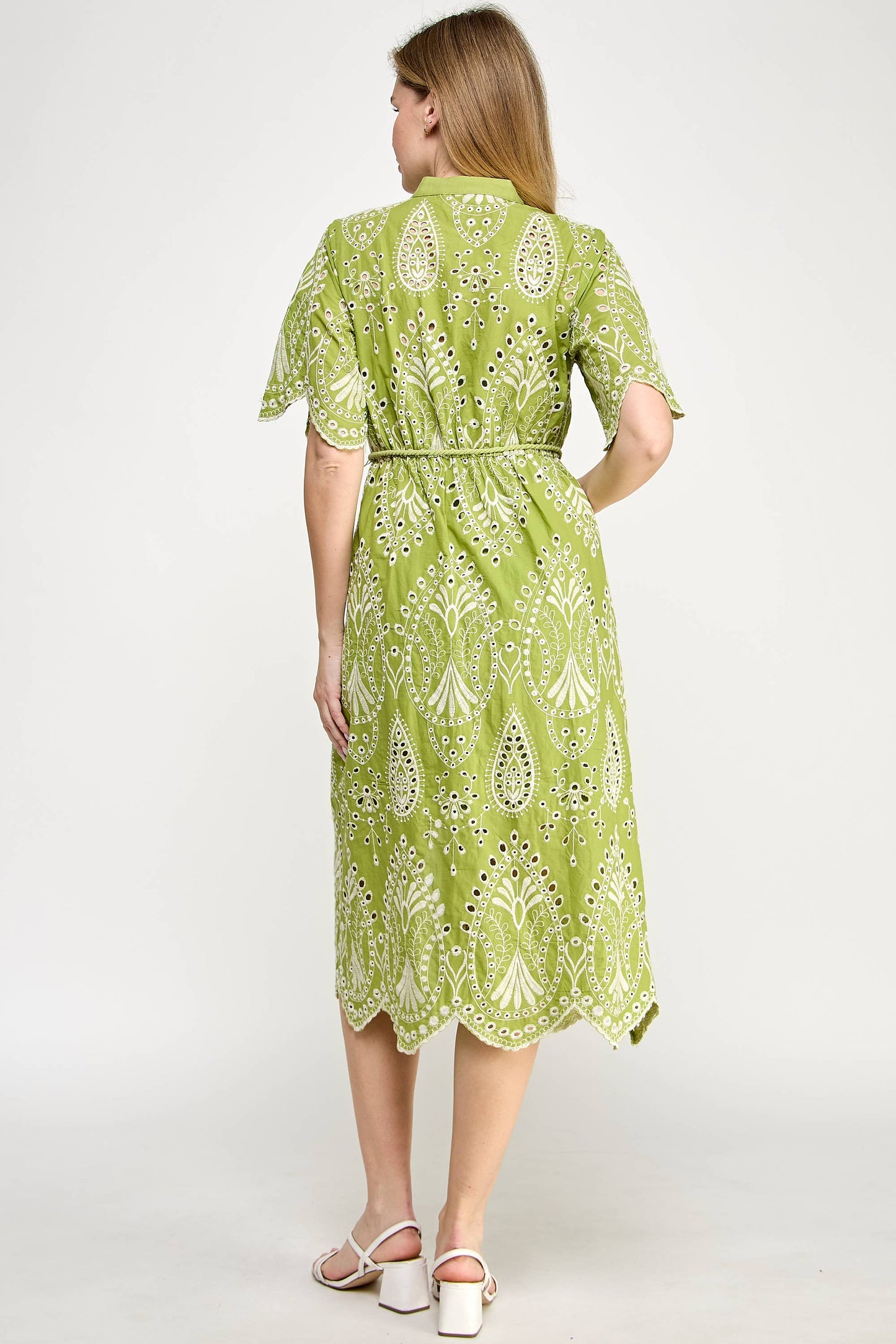 Button Down Eyelet Midi Dress Green