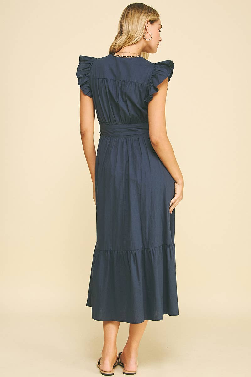 Eyelet Detail Belted Midi Dress