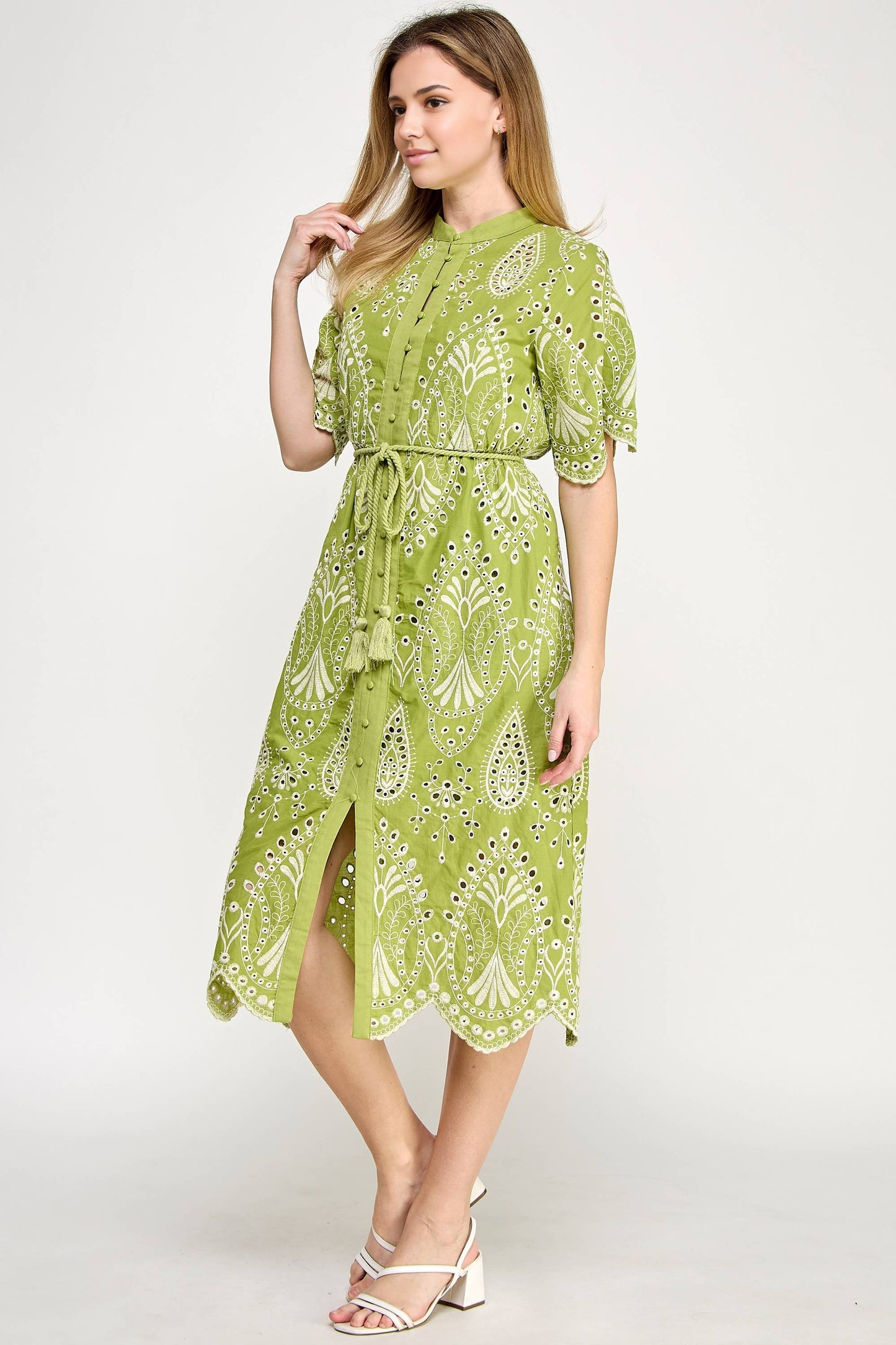 Button Down Eyelet Midi Dress Green