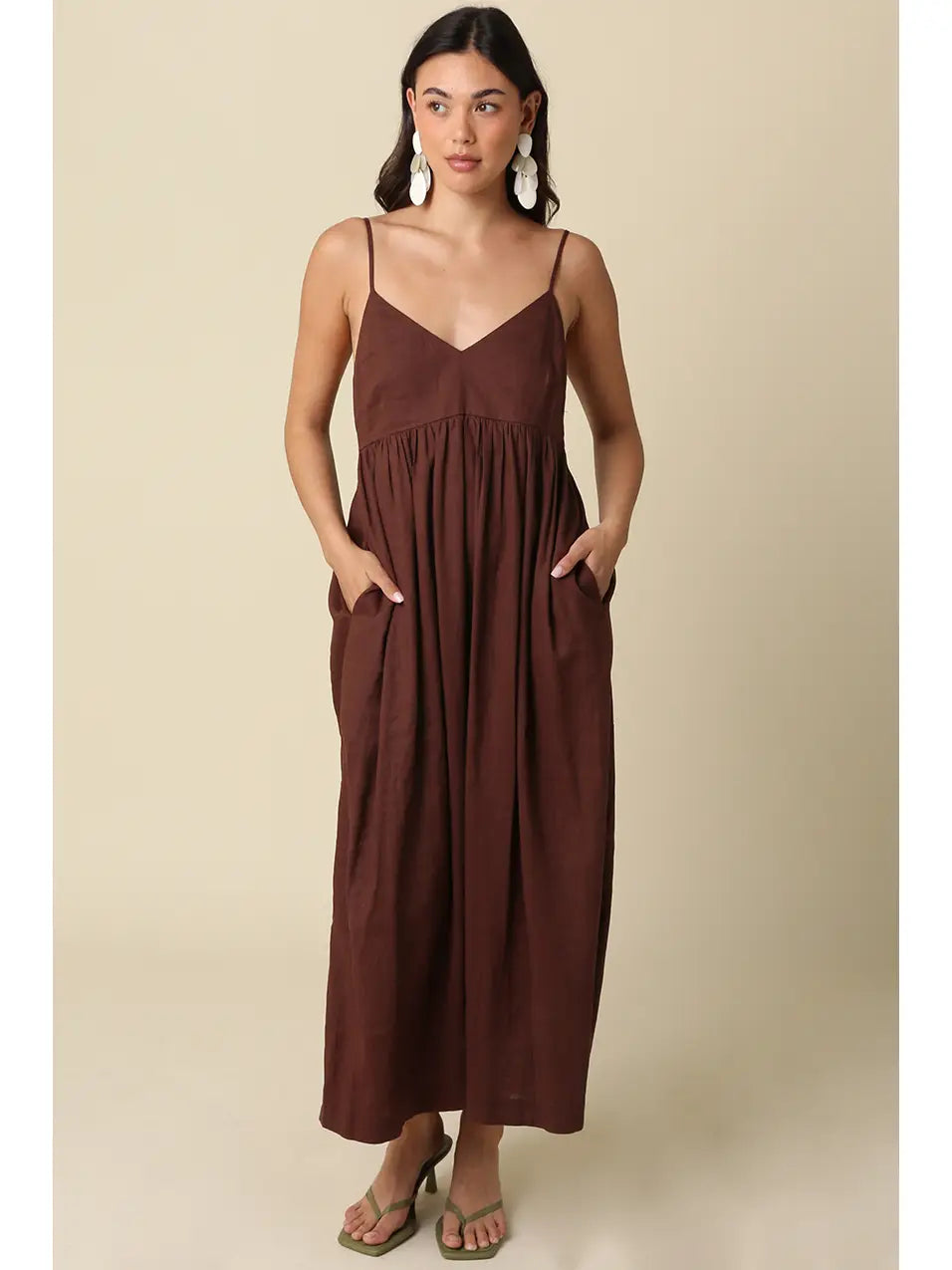 Brown Linen Cami Maxi Dress
