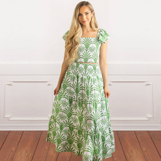 Green Deco Palm Smocked Flutter Sleeve Top & Skirt Set