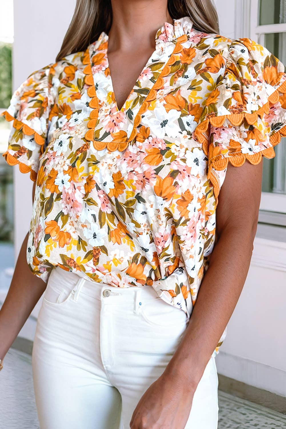 Orange Ruffled V Neck Scalloped Floral Blouse