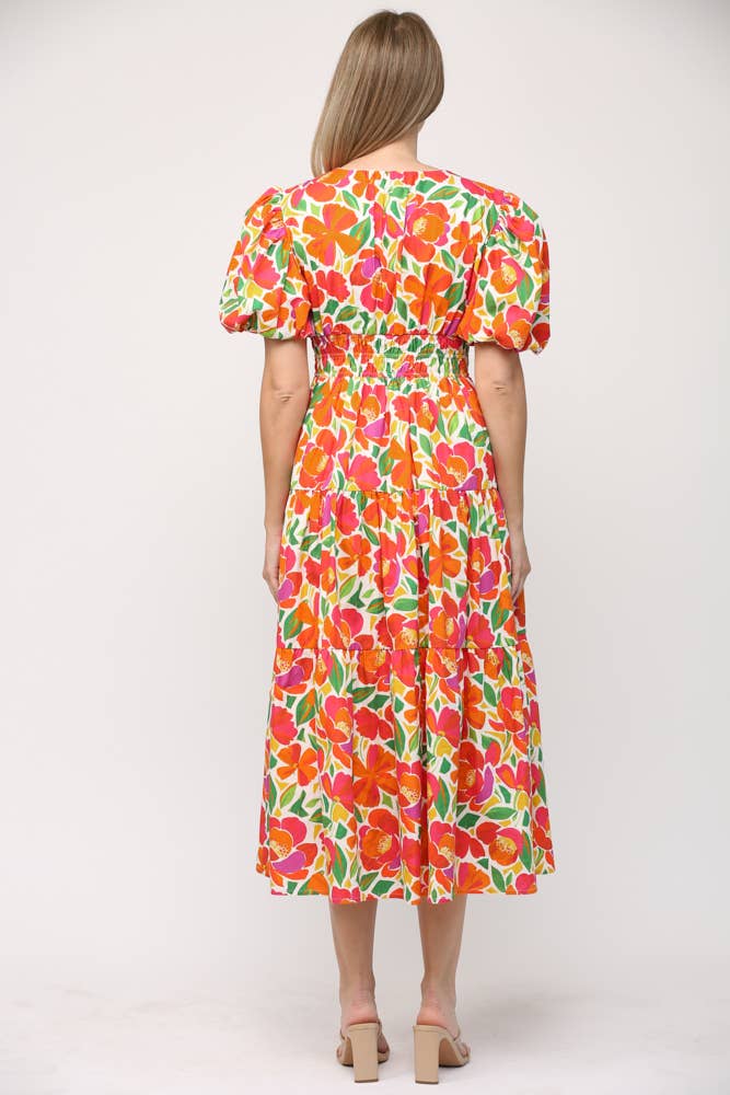 Floral Print Poplin Shirred Waist Tiered Dress