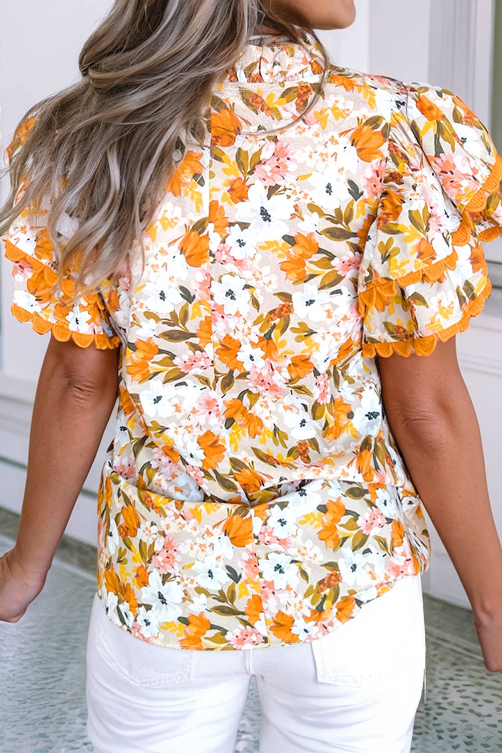 Orange Ruffled V Neck Scalloped Floral Blouse