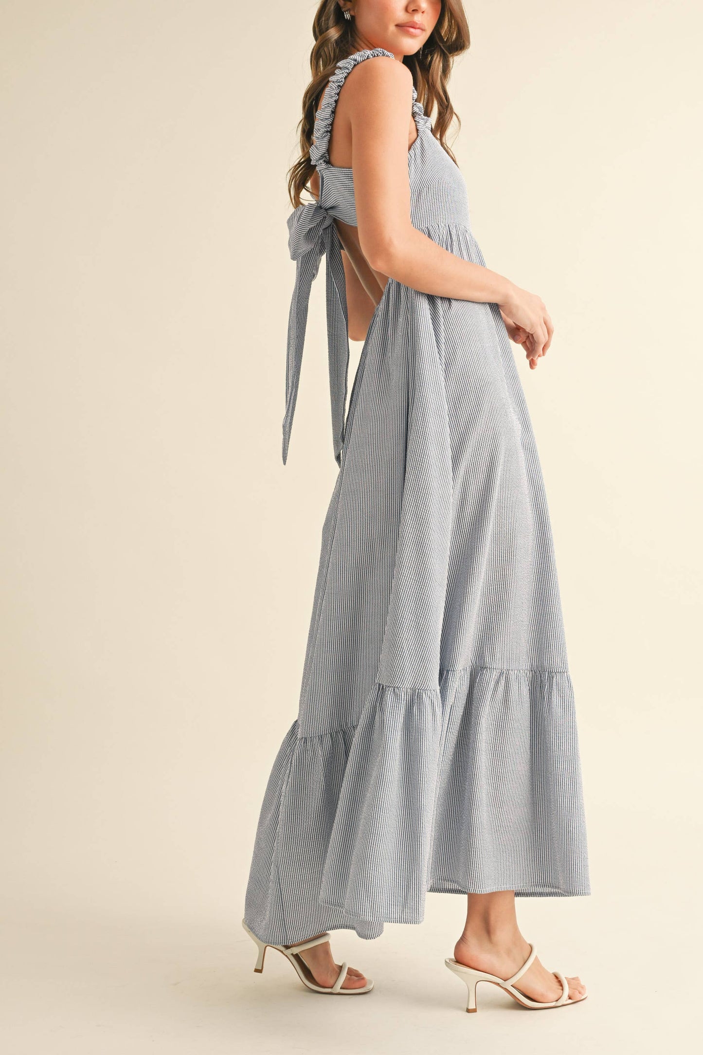 Scrunch Strap Back Tie Rufle Maxi Dress