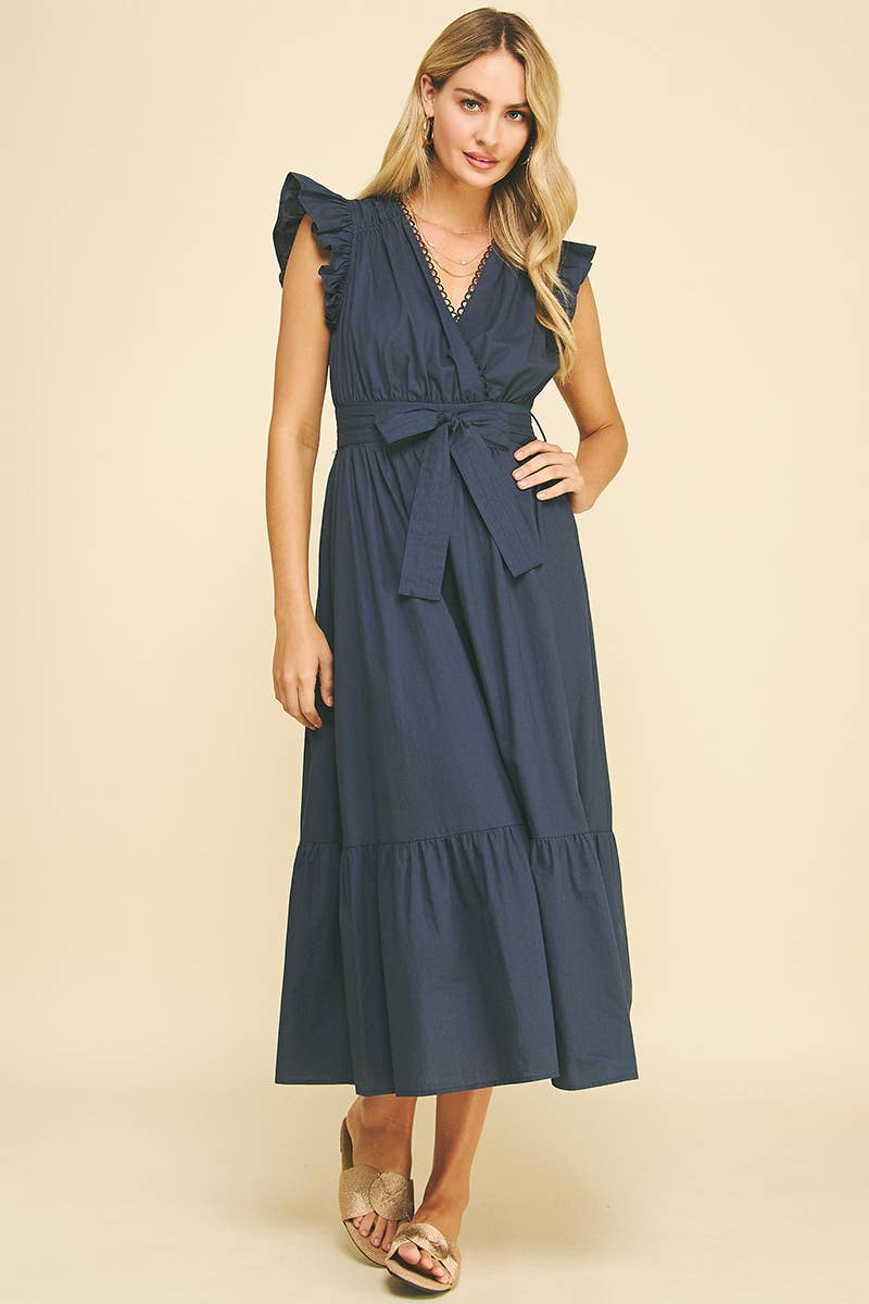 Eyelet Detail Belted Midi Dress