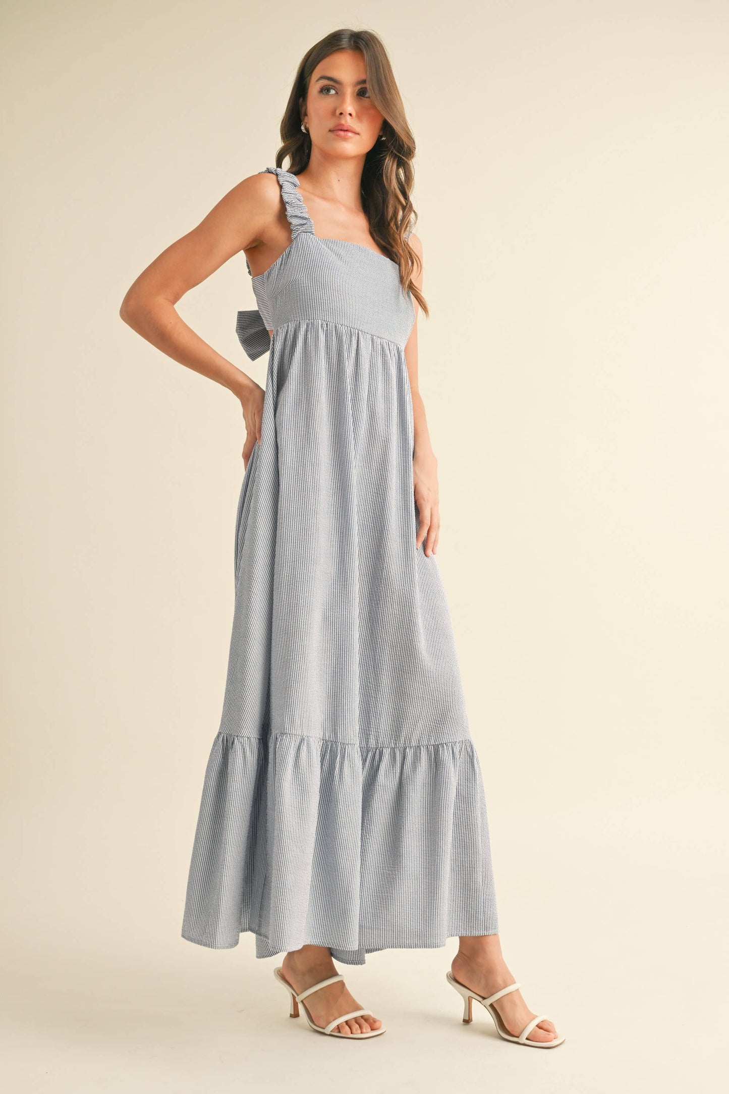 Scrunch Strap Back Tie Rufle Maxi Dress