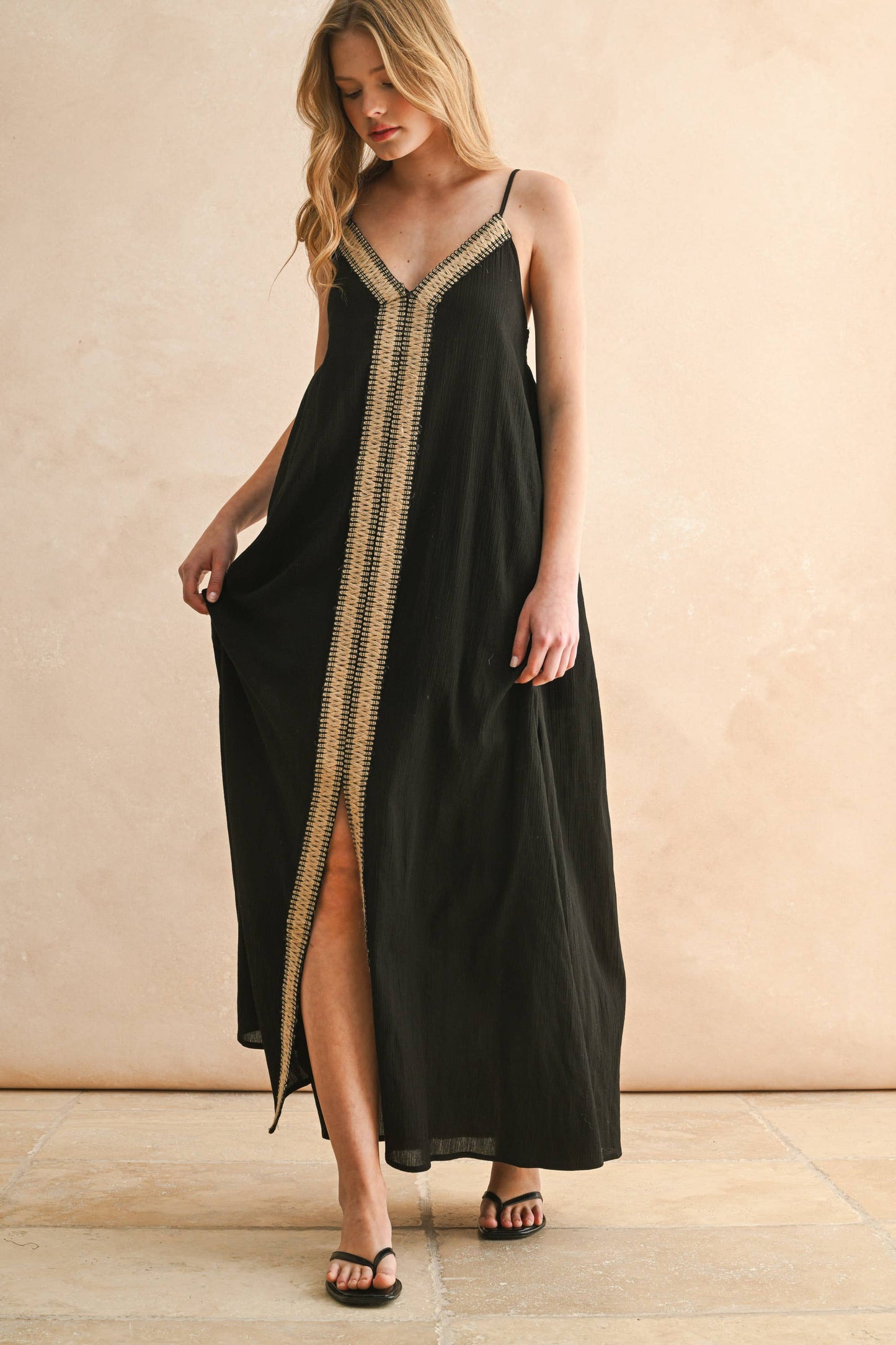 Black Straw Trimed Dress