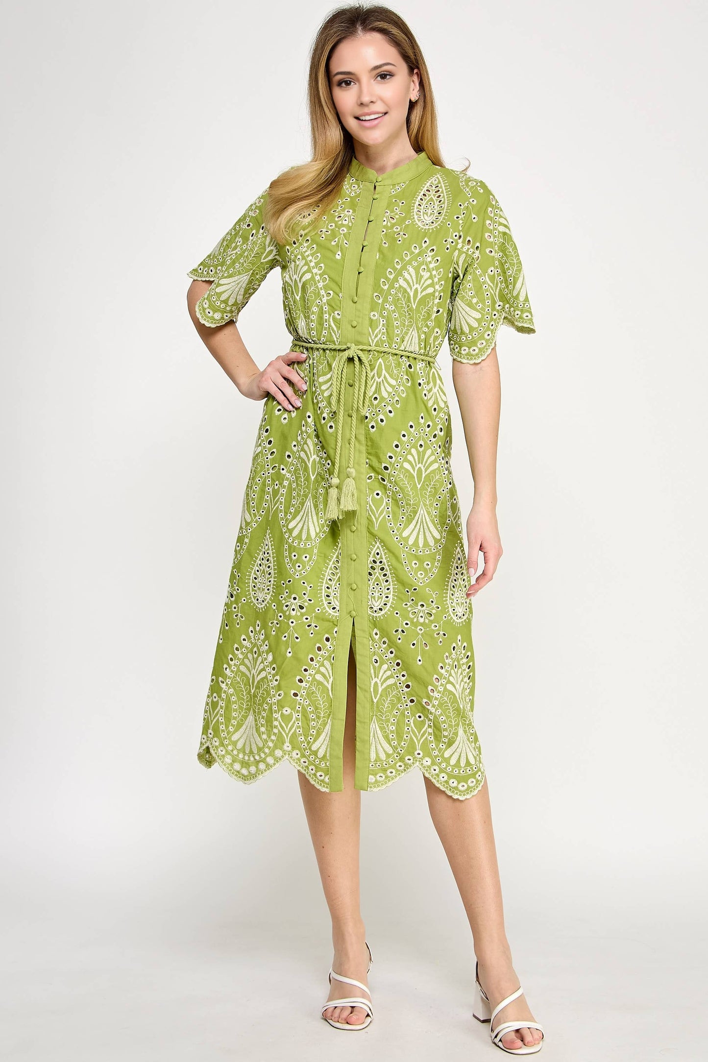 Button Down Eyelet Midi Dress Green