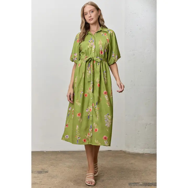 GREEN FLORAL BUTTON DRESS