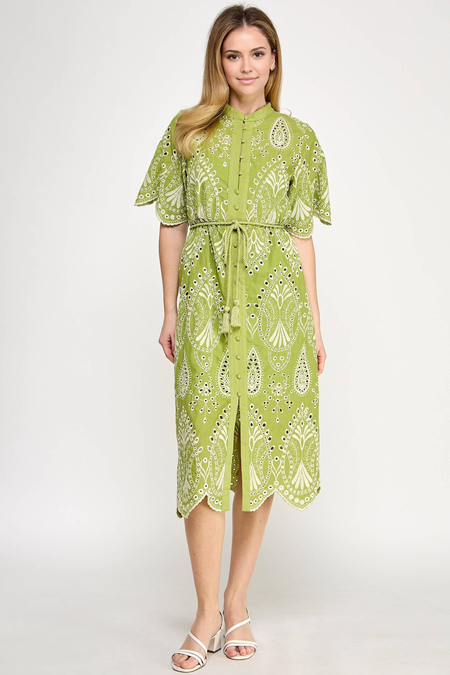 Button Down Eyelet Midi Dress Green