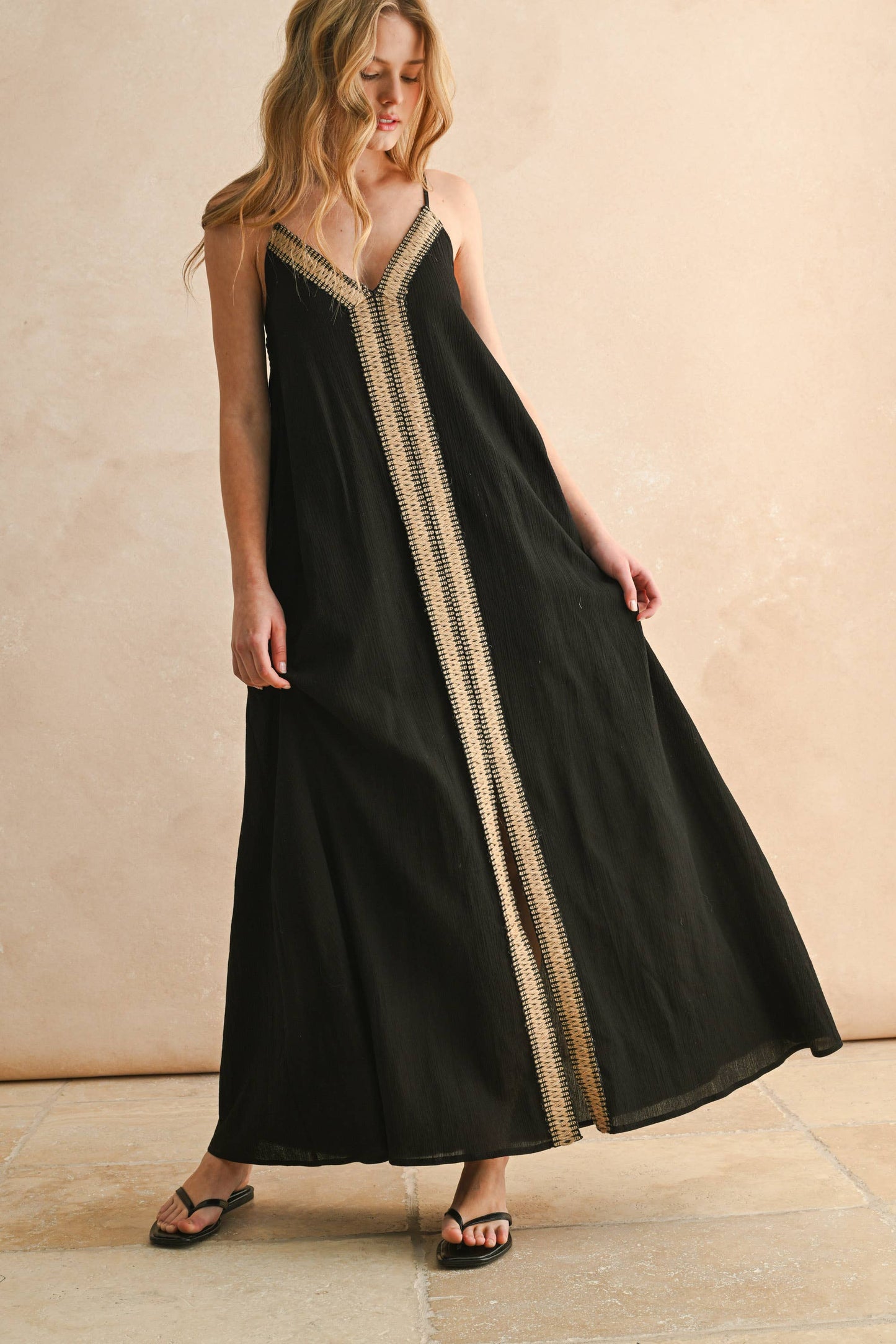 Black Straw Trimed Dress