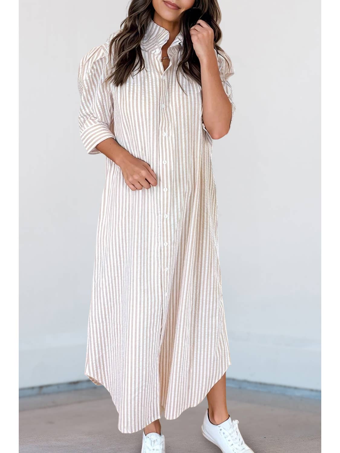 Strip Half Sleeve Shirt Maxi Dress
