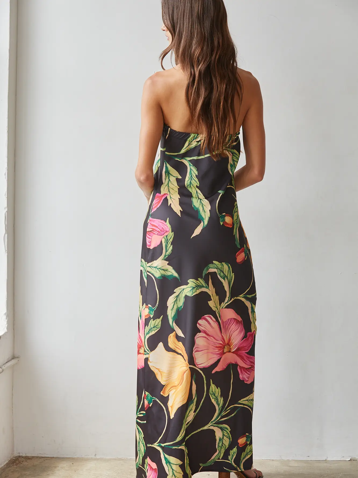 Woven Floral Print Strapless Tube Midi Dress