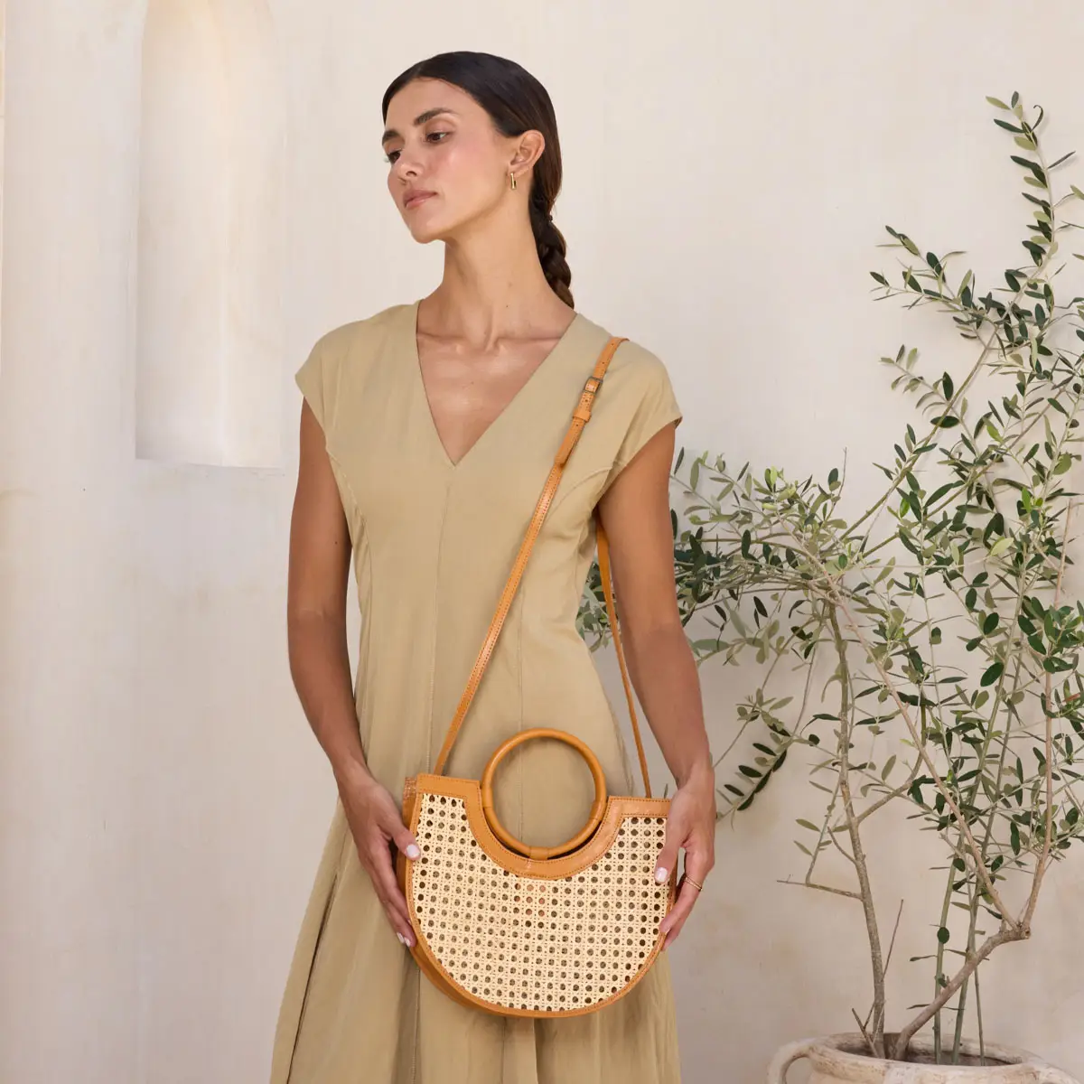 Leather Square Weave Rattan Handbag
