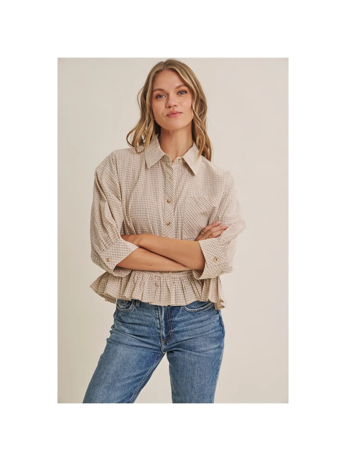 Micro Check Ruffle Blouse