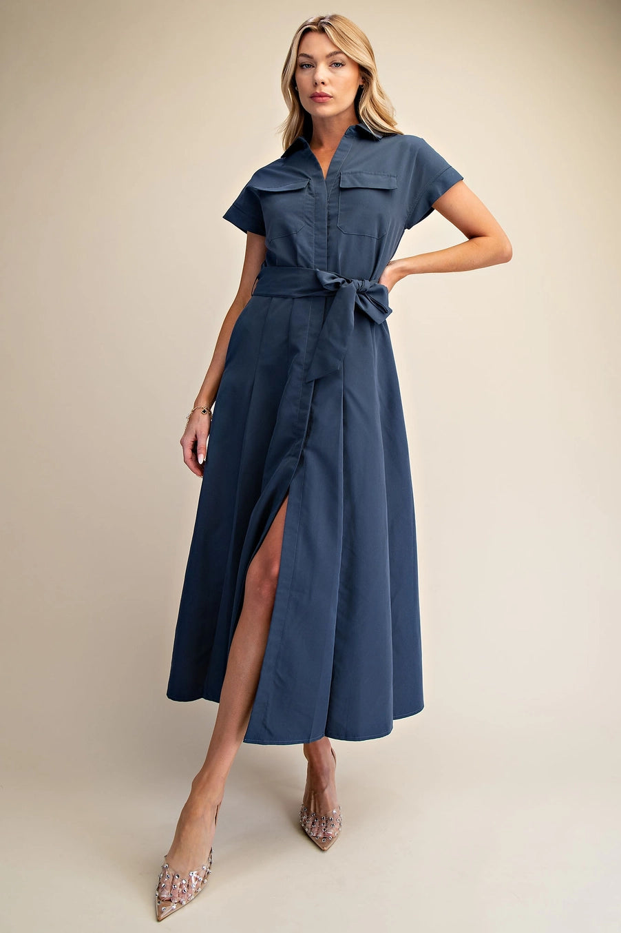 Navy Belted Button Down Midi Dress