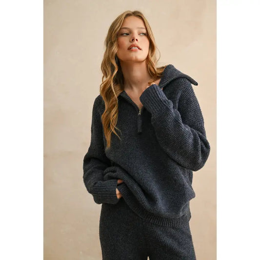 Navy Waffle Half Zip Sweater