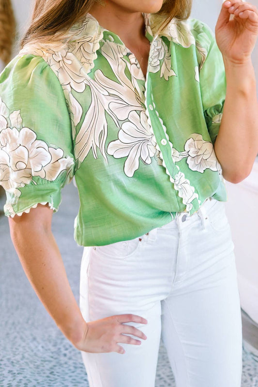 Floral Edge Puff Sleeve Button Up Summer Shirt