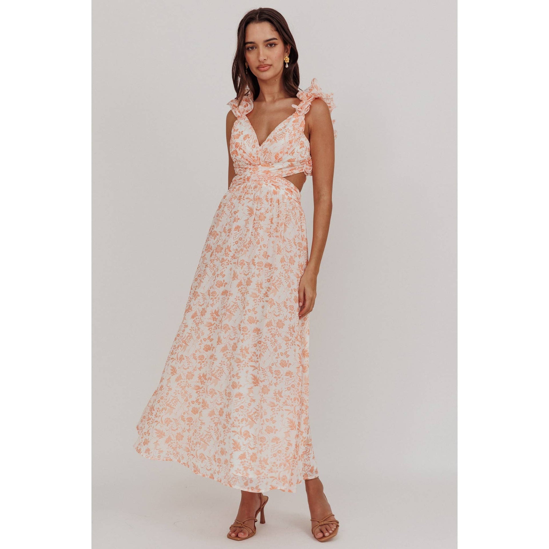 maxi dress with ruffle straps Tan Striped Tiered Maxi Dress with Ruffle Straps