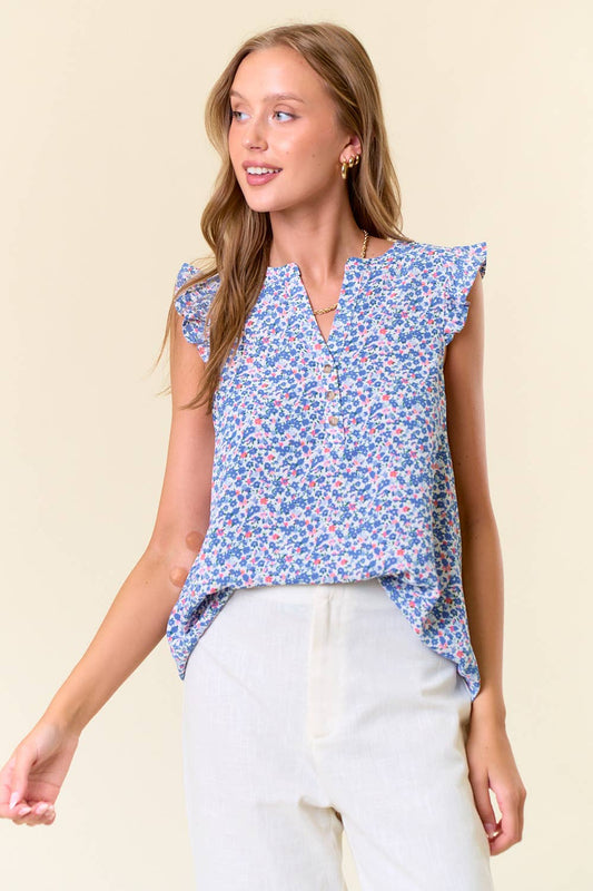 Blue Floral Ruffle Shoulder Top
