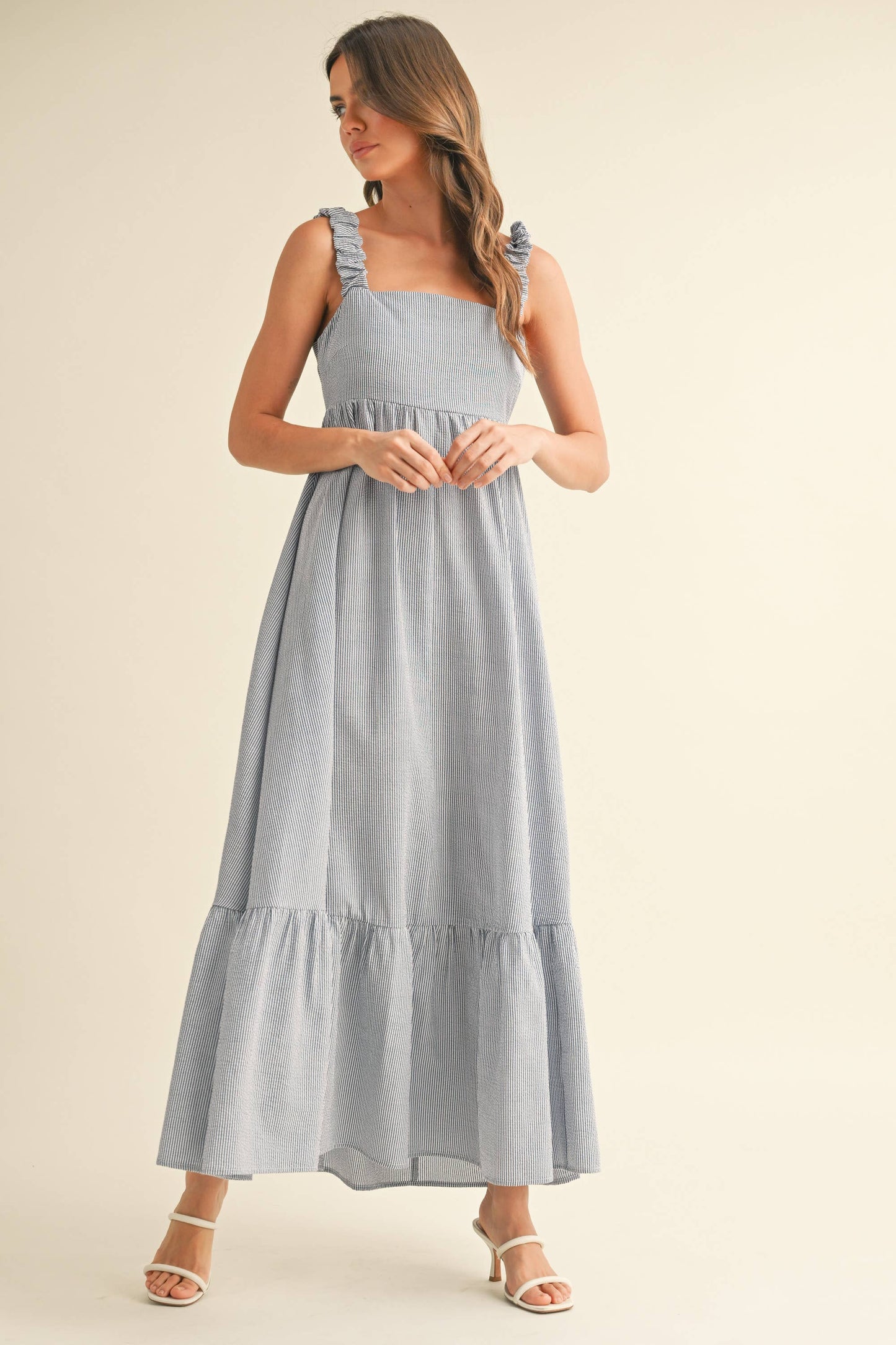 Scrunch Strap Back Tie Rufle Maxi Dress