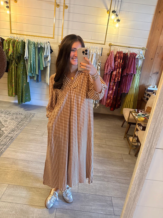 Taupe Collared Checkered Midi Dress
