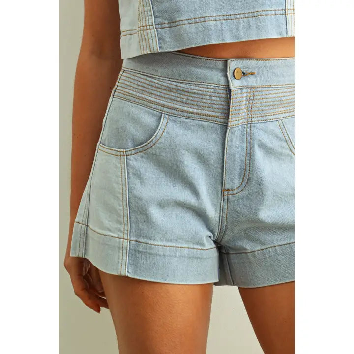 Blocked Denim Shorts