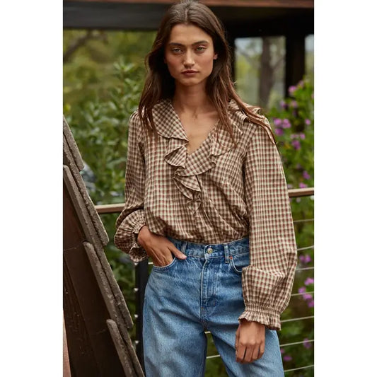 Brown Gingham Ruffled Blouse