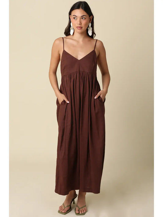 Brown Linen Cami Maxi Dress