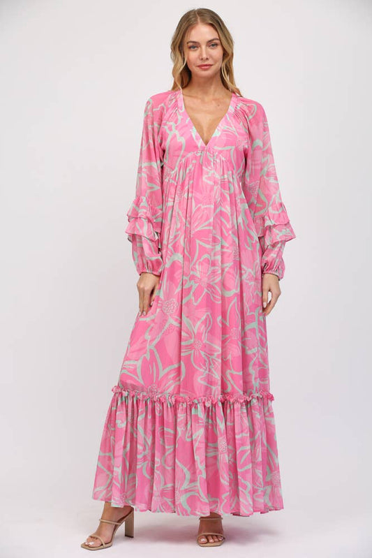 Ruffled Long Sleeve Maxi Dress with Deep V-Neck